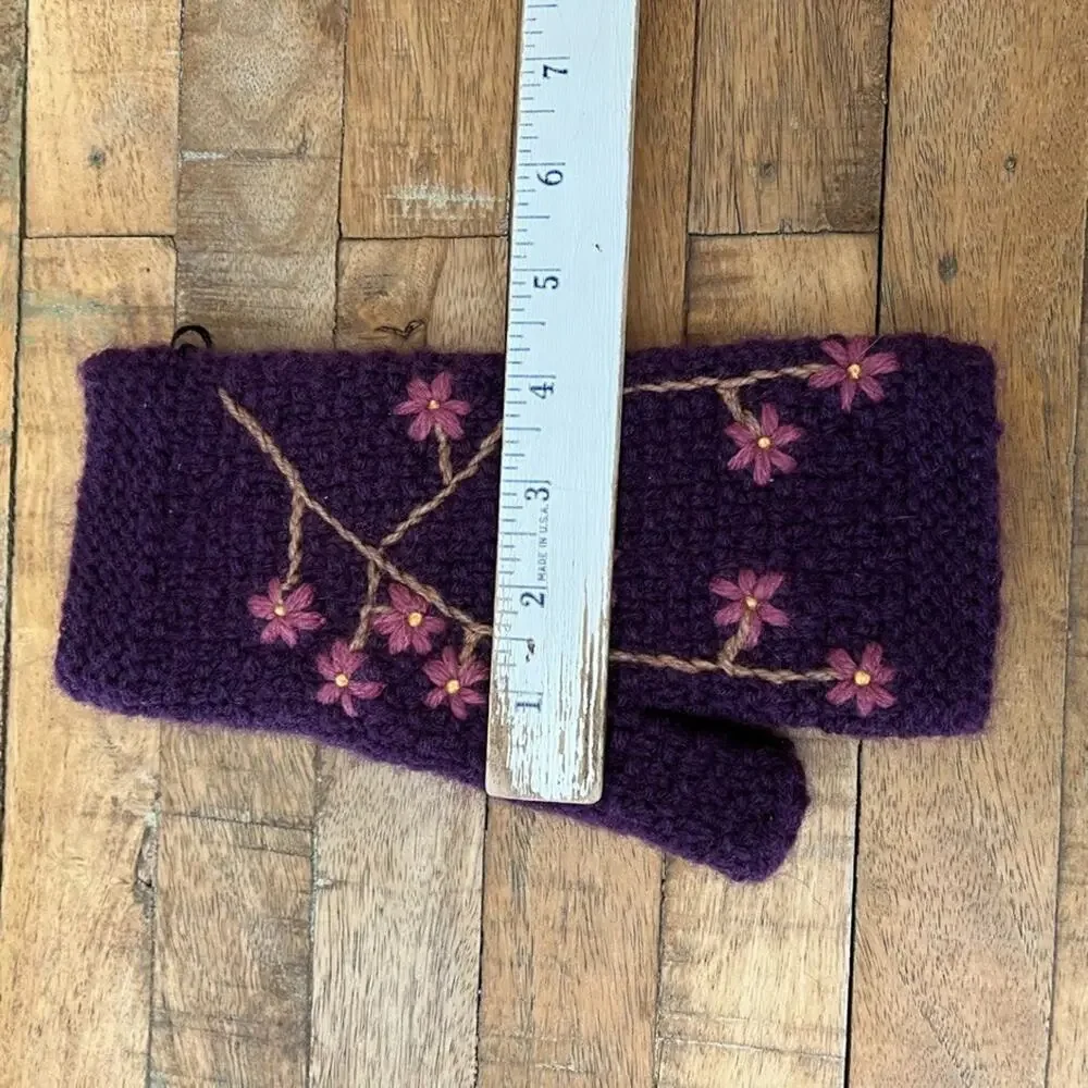 Andes Gifts Han-Knit Fingerless Gloves Purple Floral Embroidery NWT